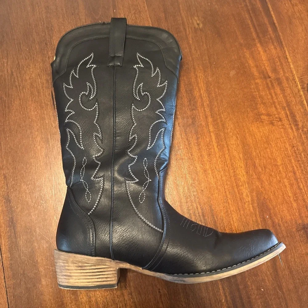 IUV CB048-BK Black‎ Western Cowboy Boots Men US 11 Embroidered Square Toe - Picture 5 of 11